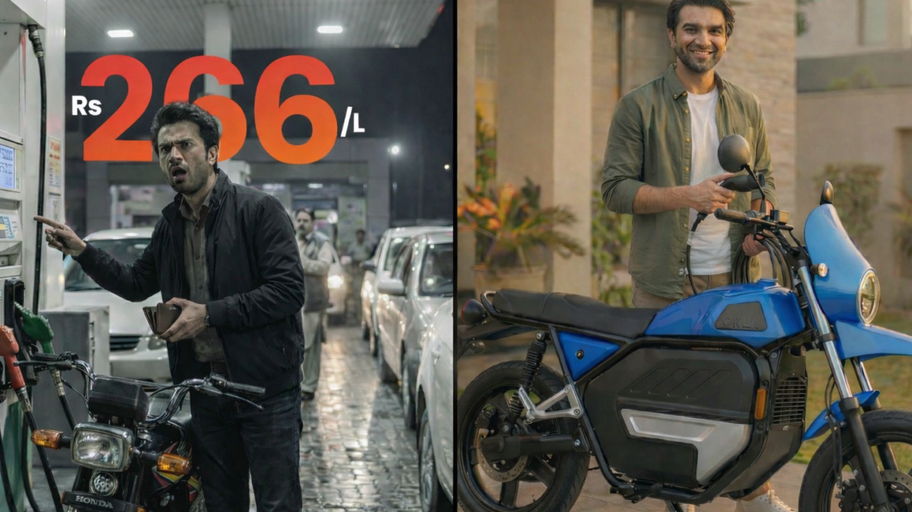 Electric bike vs petrol bike cost comparison Pakistan showing Honda CD70 at petrol pump and OKLA charging at home.