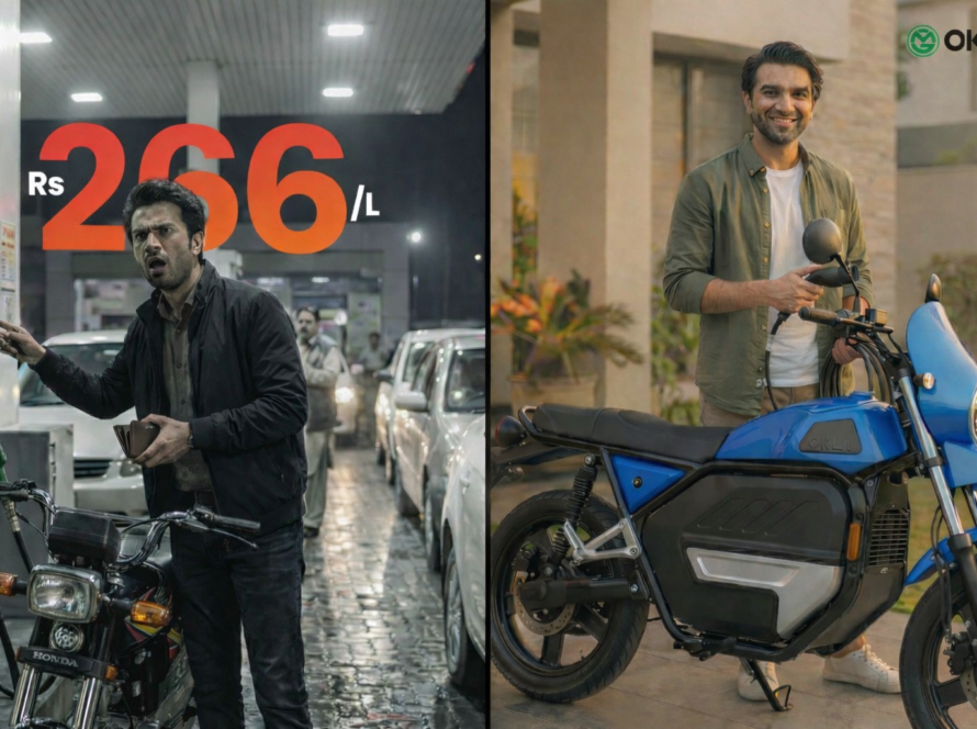 Electric bike vs petrol bike cost comparison Pakistan showing Honda CD70 at petrol pump and OKLA charging at home.