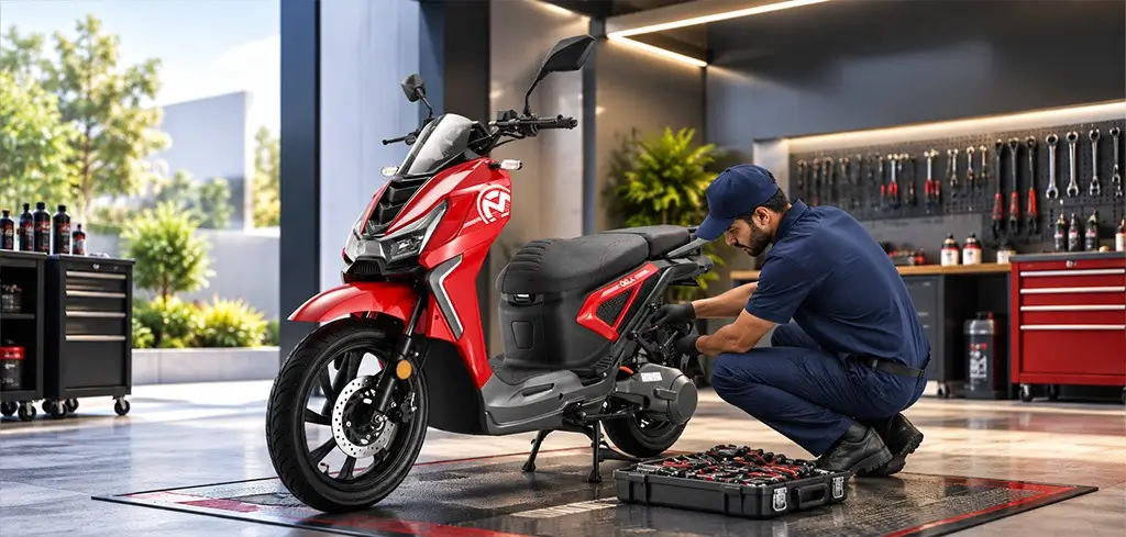 OKLA technician servicing a red electric scooter in a workshop, showing after-sales service support in Pakistan