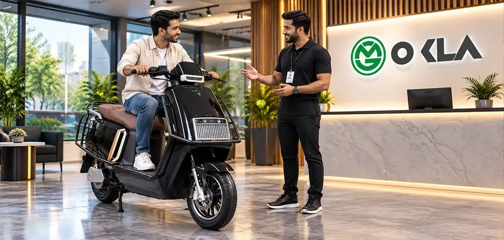 Customer sitting on a black OKLA electric scooter while a staff member explains features at an OKLA Experience Centre