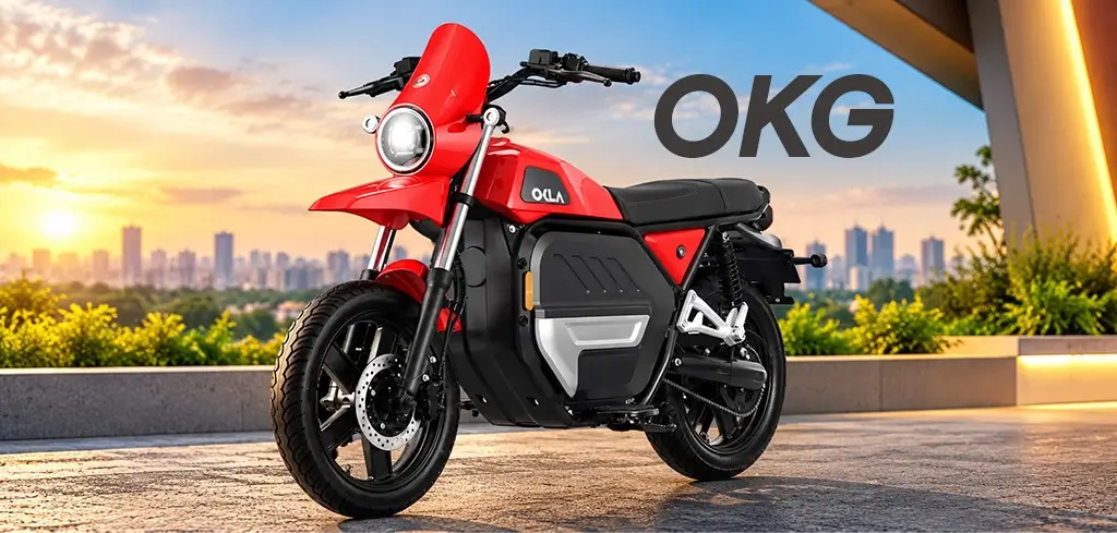 OKLA OKG red electric motorcycle with round LED headlight and black seat, parked outdoors at sunset