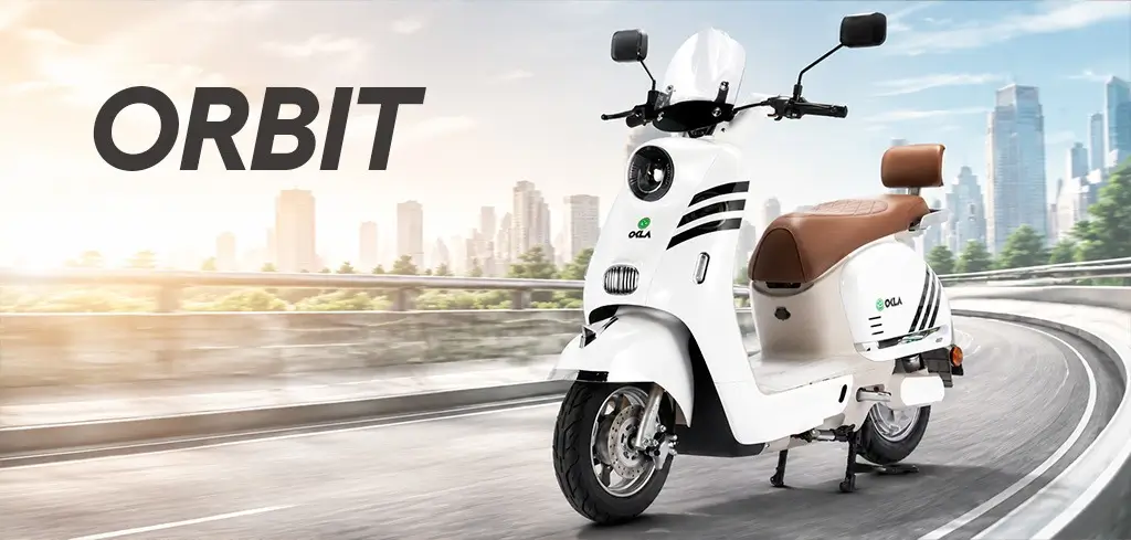 White OKLA Orbit electric scooter with retro design, brown seat and windshield, riding on a city road